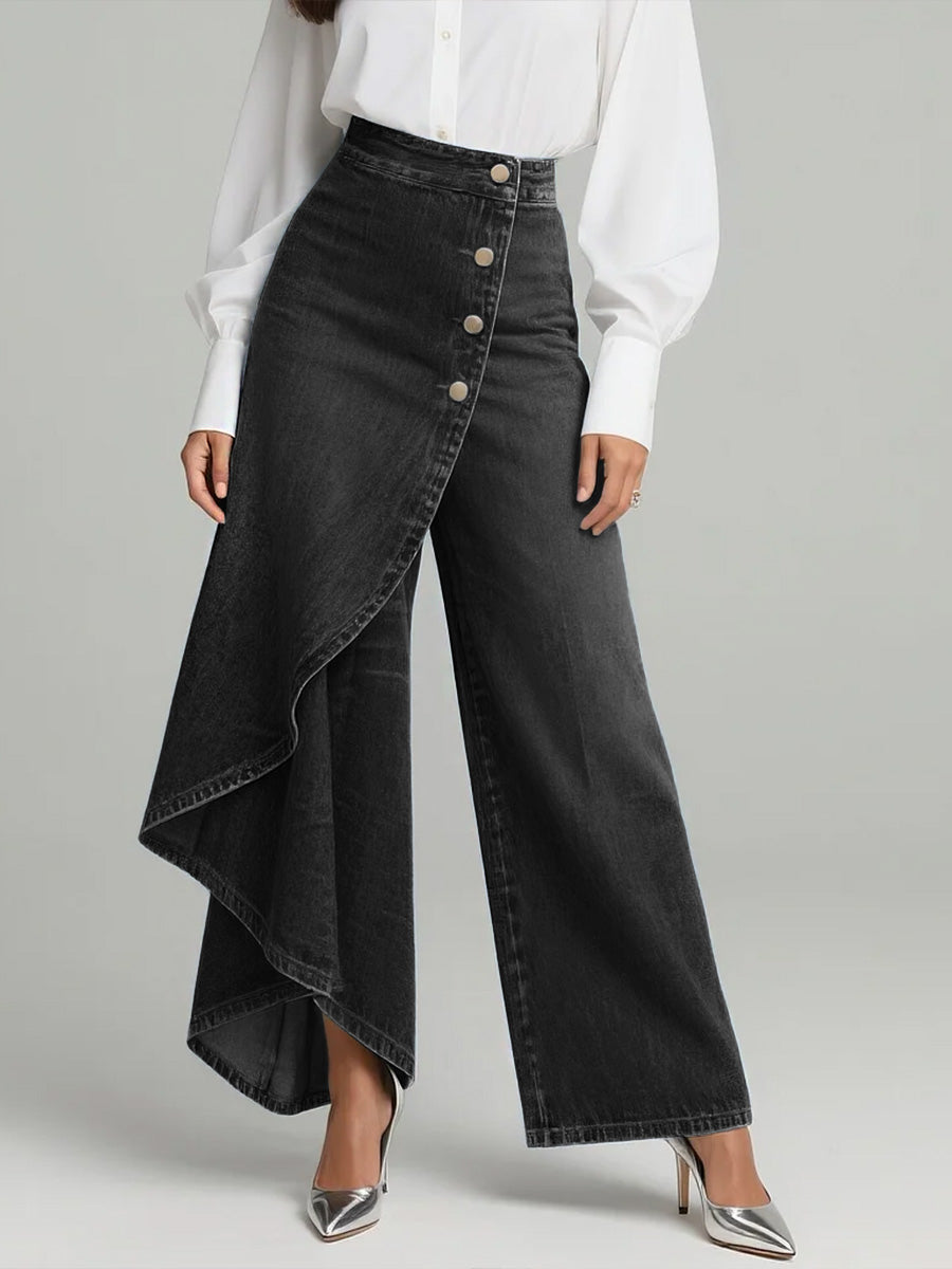 High-Waist Asymmetric Skort Wide-Leg Jeans