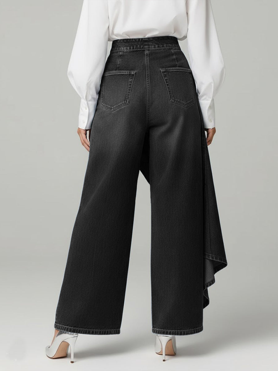 High-Waist Asymmetric Skort Wide-Leg Jeans