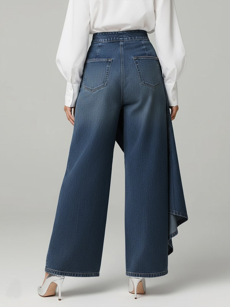 High-Waist Asymmetric Skort Wide-Leg Jeans
