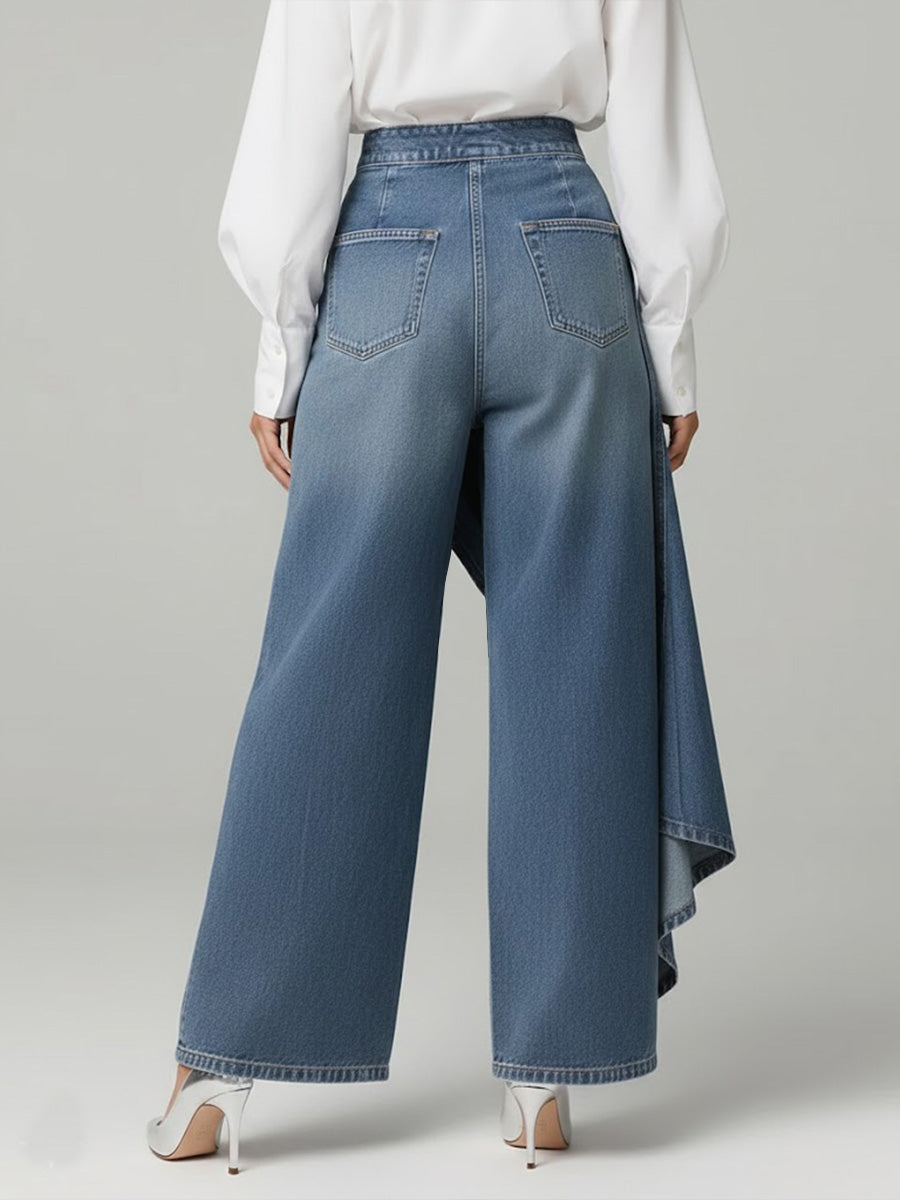 High-Waist Asymmetric Skort Wide-Leg Jeans