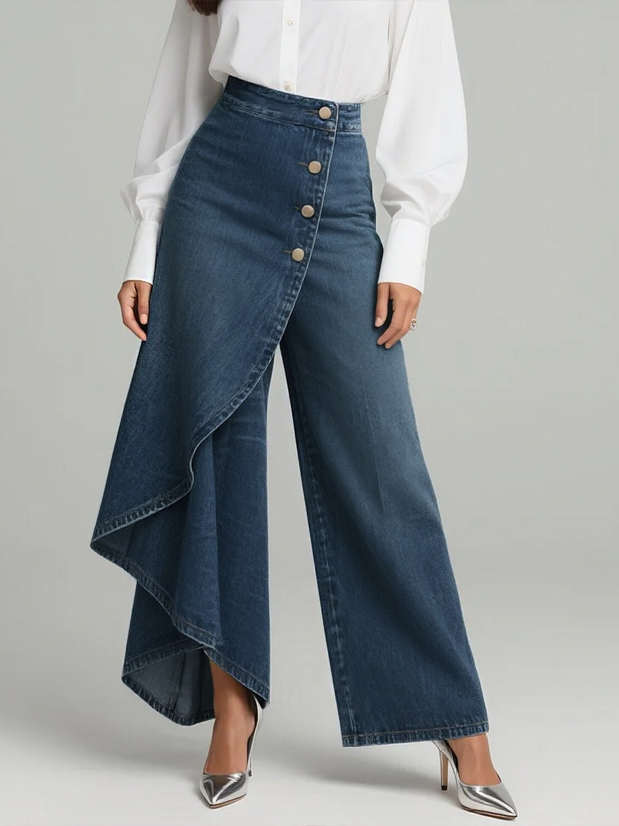 High-Waist Asymmetric Skort Wide-Leg Jeans