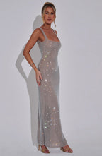 Silver Rhinestone Maxi Dress – Embellished Evening Gown | Meave & Ivy