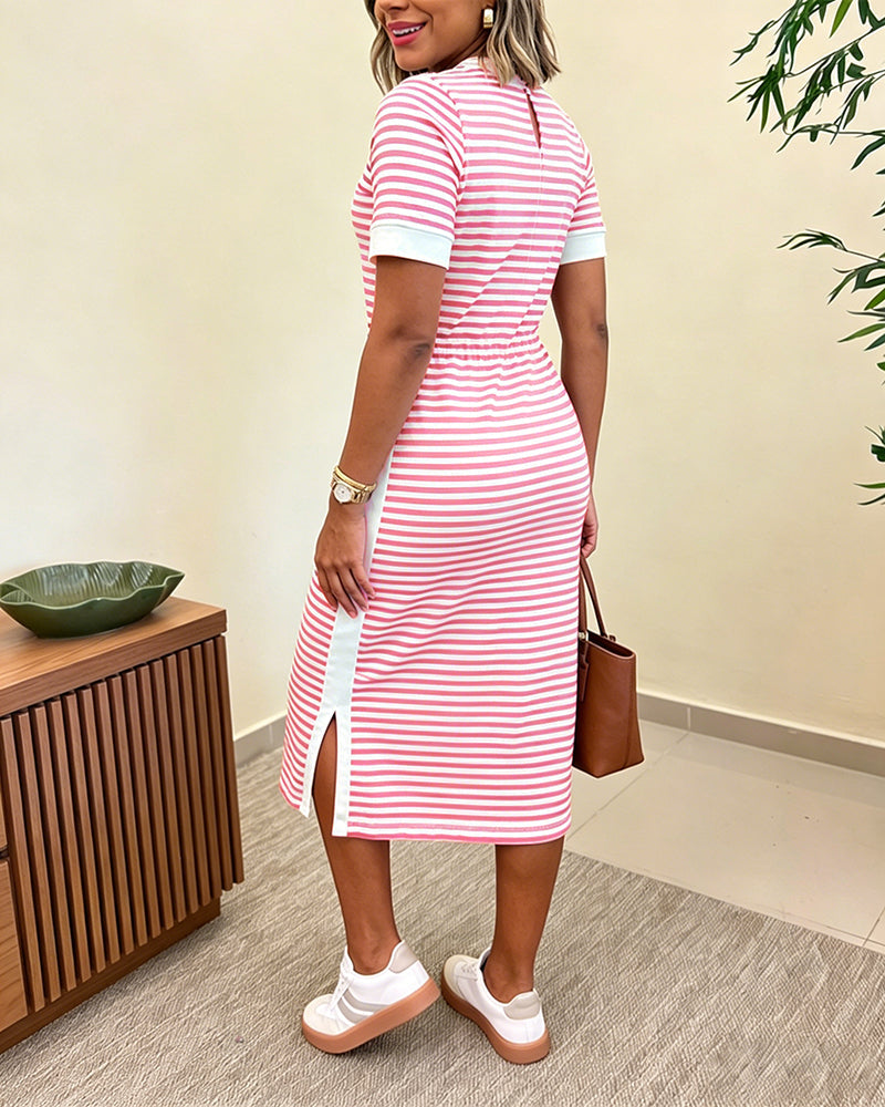 Striped Colorblock Midi T-Shirt Dress with Side Slit and Pockets | Meave & Ivy