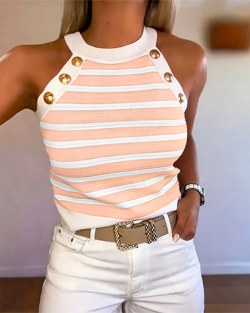 Striped Halter Sleeveless Knit Tank Top with Golden Button Detail | Meave & Ivy