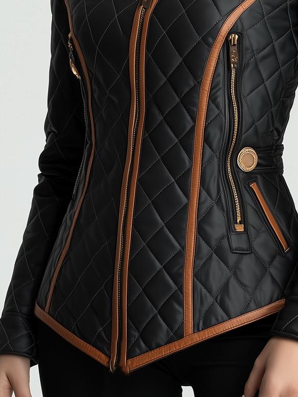 Women's Elegant Fitted Quilted Jacket with High Stand Collar and Diamond