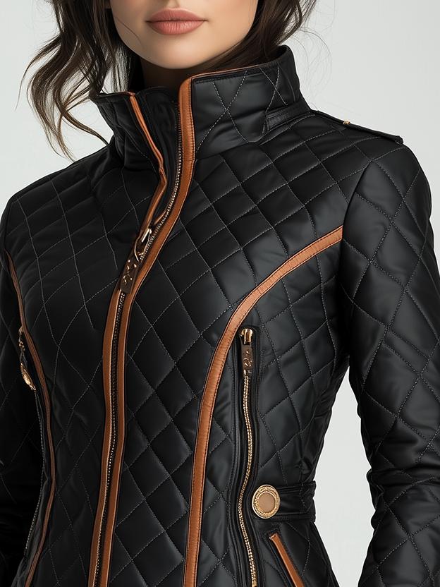Women's Elegant Fitted Quilted Jacket with High Stand Collar and Diamond