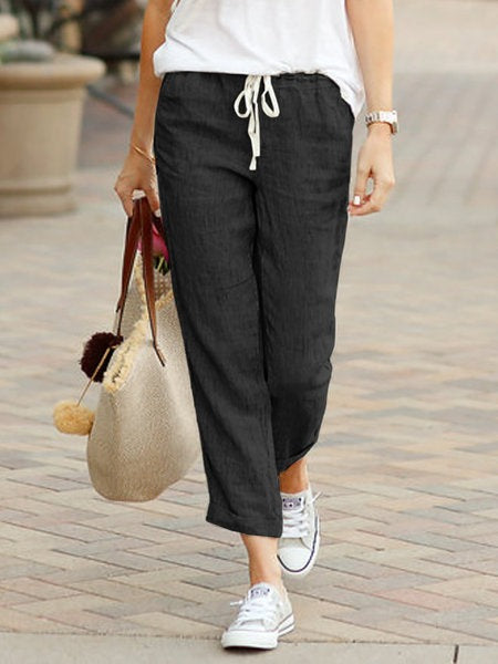 Women's Linen-Look Drawstring Trousers with Straight Leg