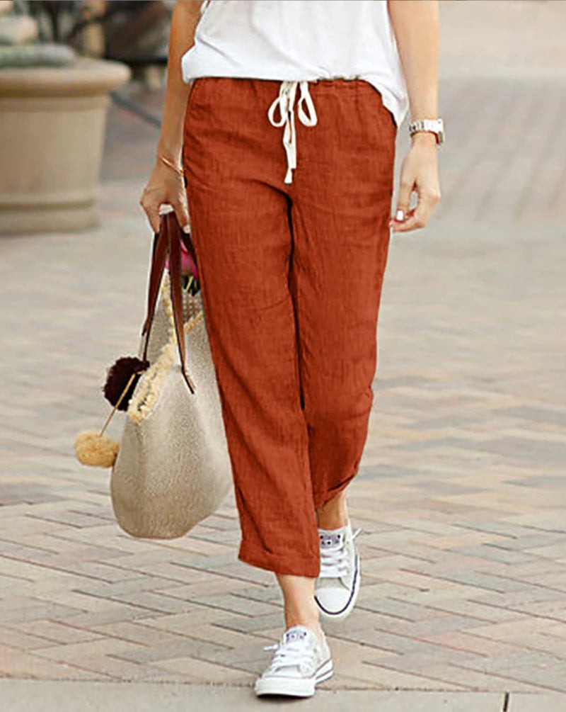 Women's Linen-Look Drawstring Trousers with Straight Leg