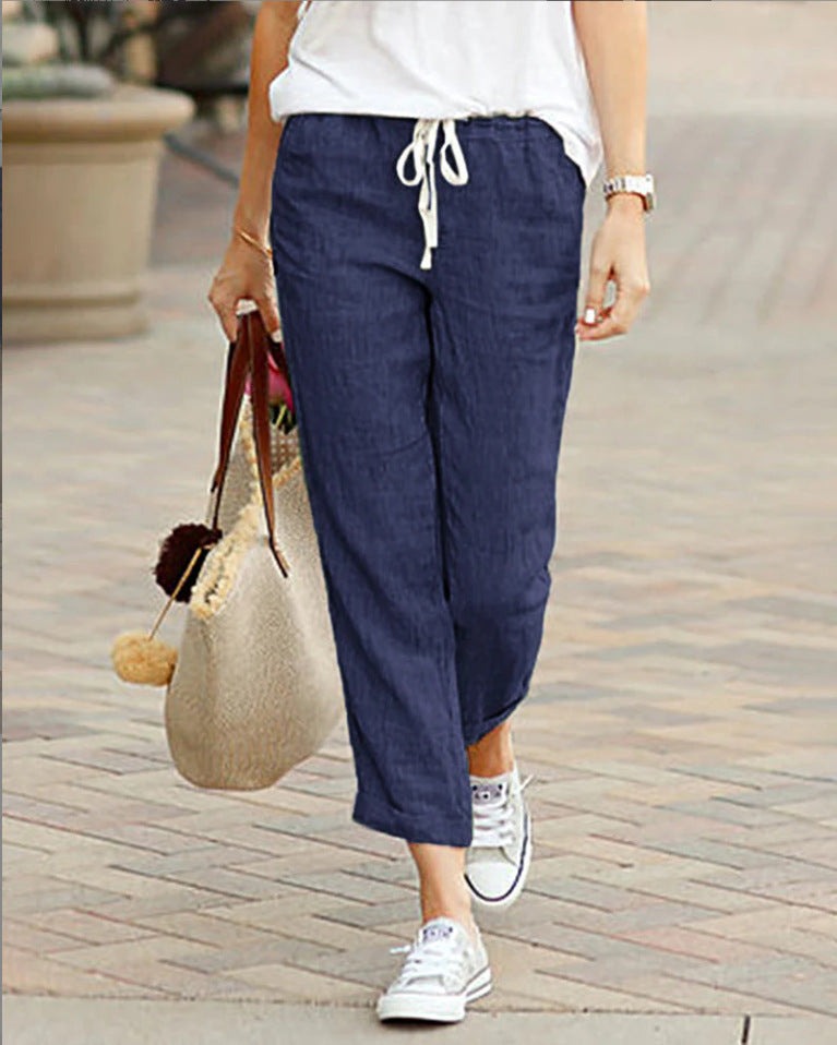Women's Linen-Look Drawstring Trousers with Straight Leg
