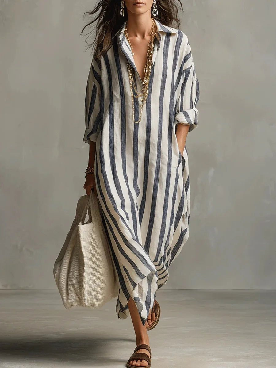 Women's Striped Linen-Look Shirt Maxi Dress – Oversized