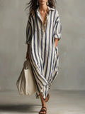 Women's Striped Linen-Look Shirt Maxi Dress – Oversized