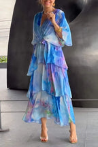 Women's Tiered Chiffon Wrap Maxi Dress – Watercolour Floral