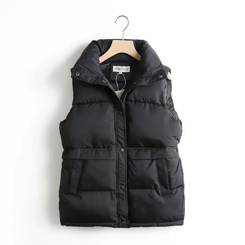 Women's Padded Puffer Gilet with High Stand Collar and Snap Button