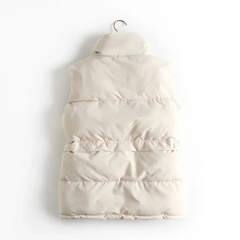 Women's Padded Puffer Gilet with High Stand Collar and Snap Button