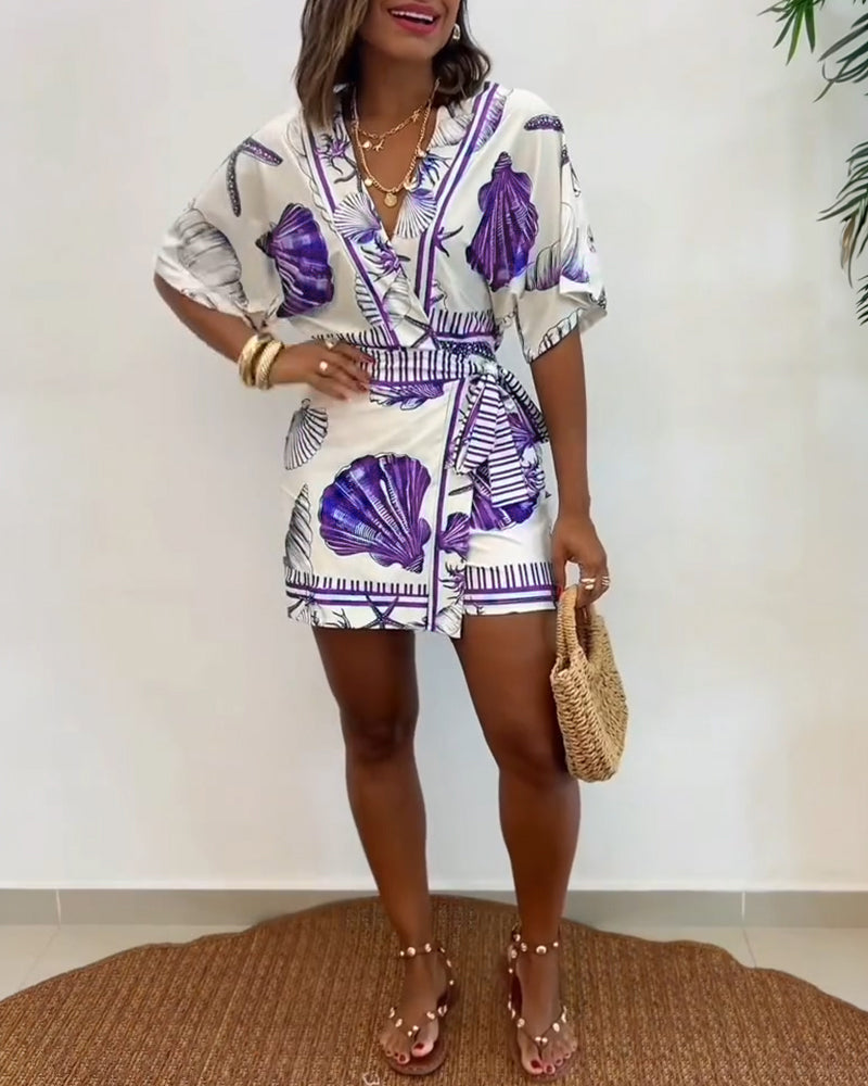 Starfish and Seashell Print V-Neck Half Sleeve Wrap Knot Romper | Meave & Ivy