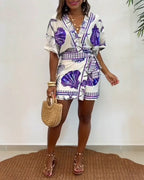 Starfish and Seashell Print V-Neck Half Sleeve Wrap Knot Romper | Meave & Ivy