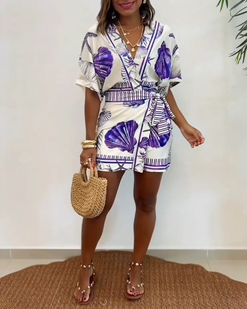 Starfish and Seashell Print V-Neck Half Sleeve Wrap Knot Romper | Meave & Ivy
