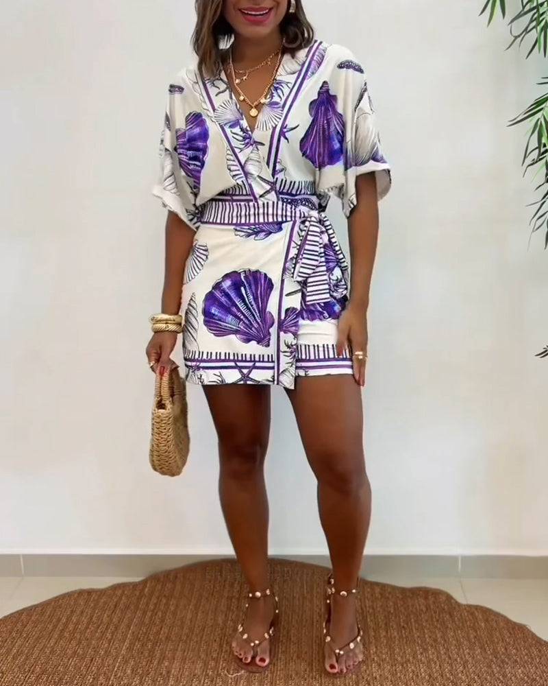 Starfish and Seashell Print V-Neck Half Sleeve Wrap Knot Romper | Meave & Ivy