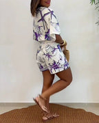 Starfish and Seashell Print V-Neck Half Sleeve Wrap Knot Romper | Meave & Ivy