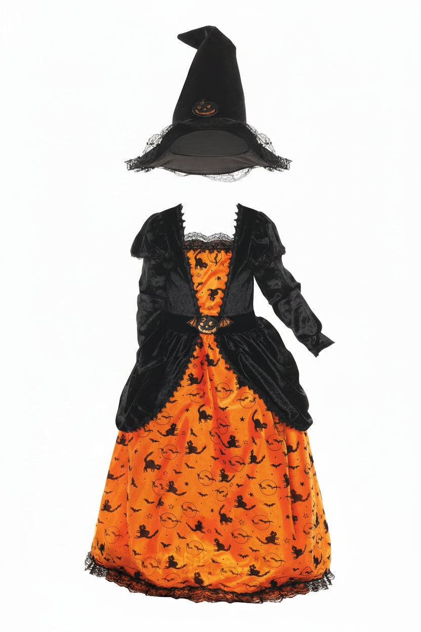 Kids' Pumpkin Witch Costume with Printed Orange Dress and Decorated Hat