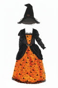 Kids' Pumpkin Witch Costume with Printed Orange Dress and Decorated Hat
