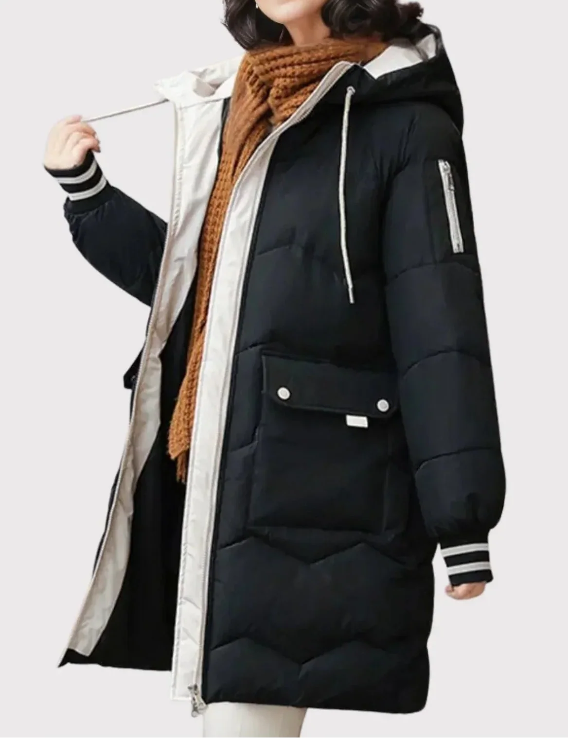 Women's Longline Hooded Puffer Coat with Contrast Trim and Flap Pockets