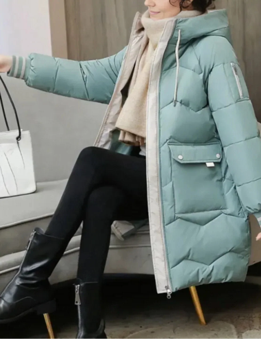 Women's Longline Hooded Puffer Coat with Contrast Trim and Flap Pockets