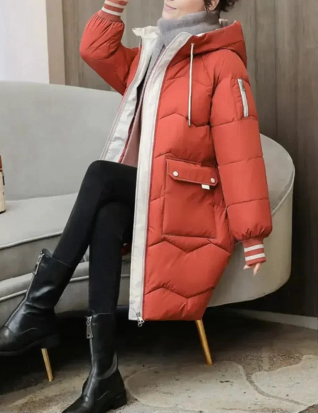 Women's Longline Hooded Puffer Coat with Contrast Trim and Flap Pockets