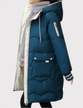 Women's Longline Hooded Puffer Coat with Contrast Trim and Flap Pockets