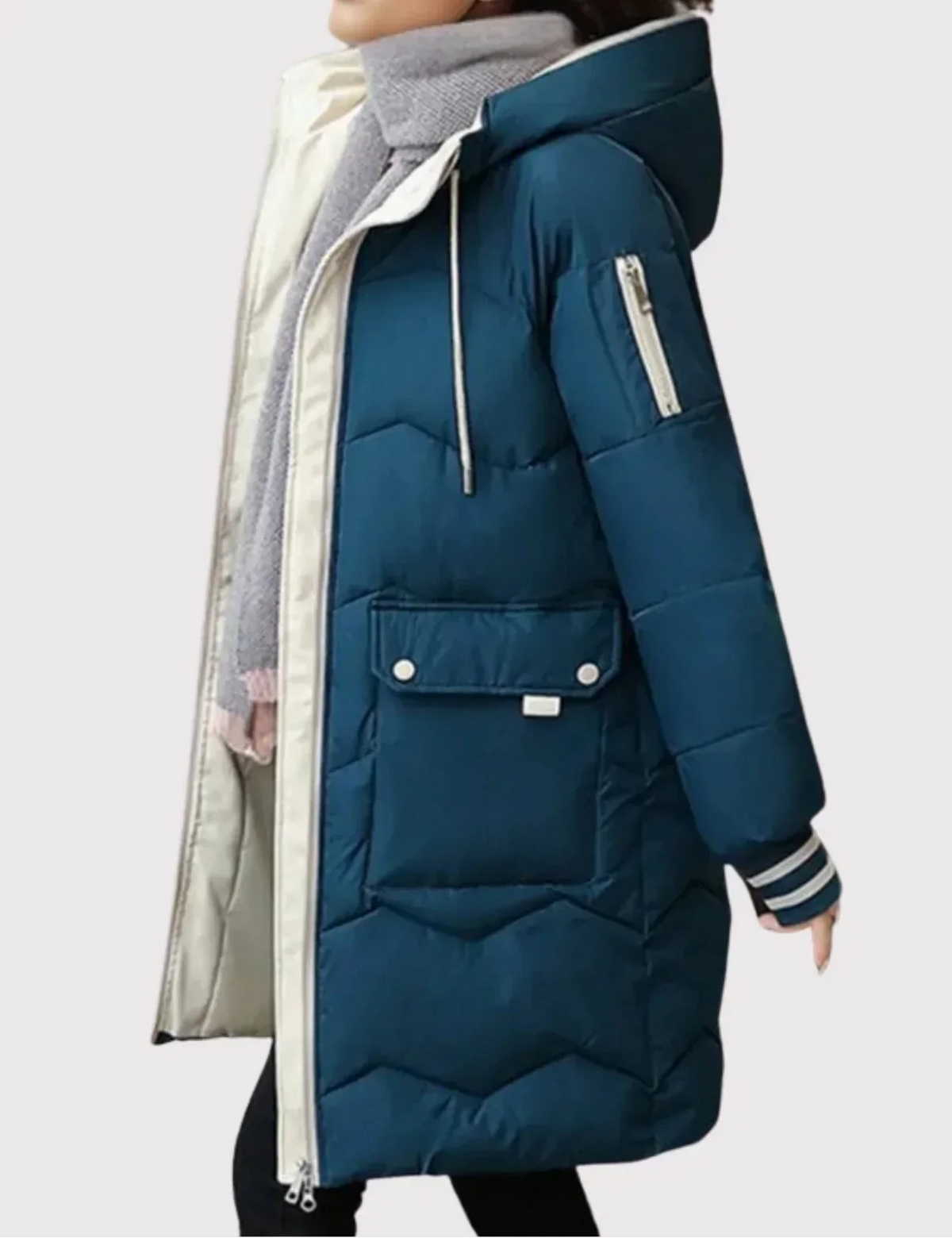 Women's Longline Hooded Puffer Coat with Contrast Trim and Flap Pockets