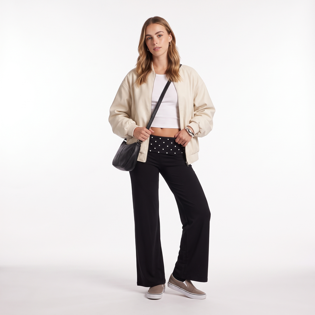 Polka Dot Foldover Waist Wide-Leg Trousers