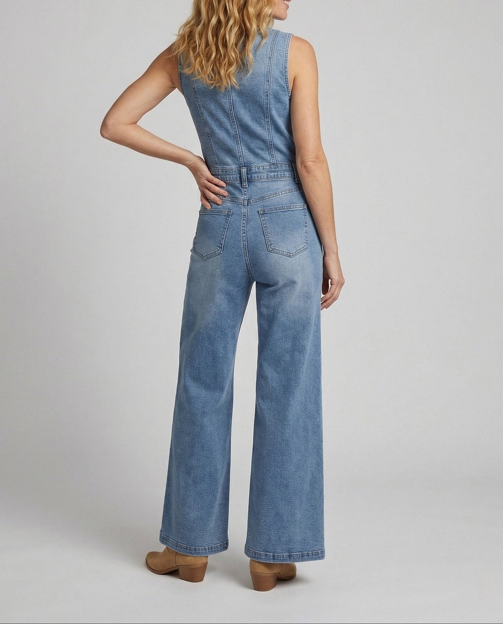 Women's Wide Leg Denim Jumpsuit with Fitted Button Front Bodice