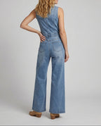 Women's Wide Leg Denim Jumpsuit with Fitted Button Front Bodice