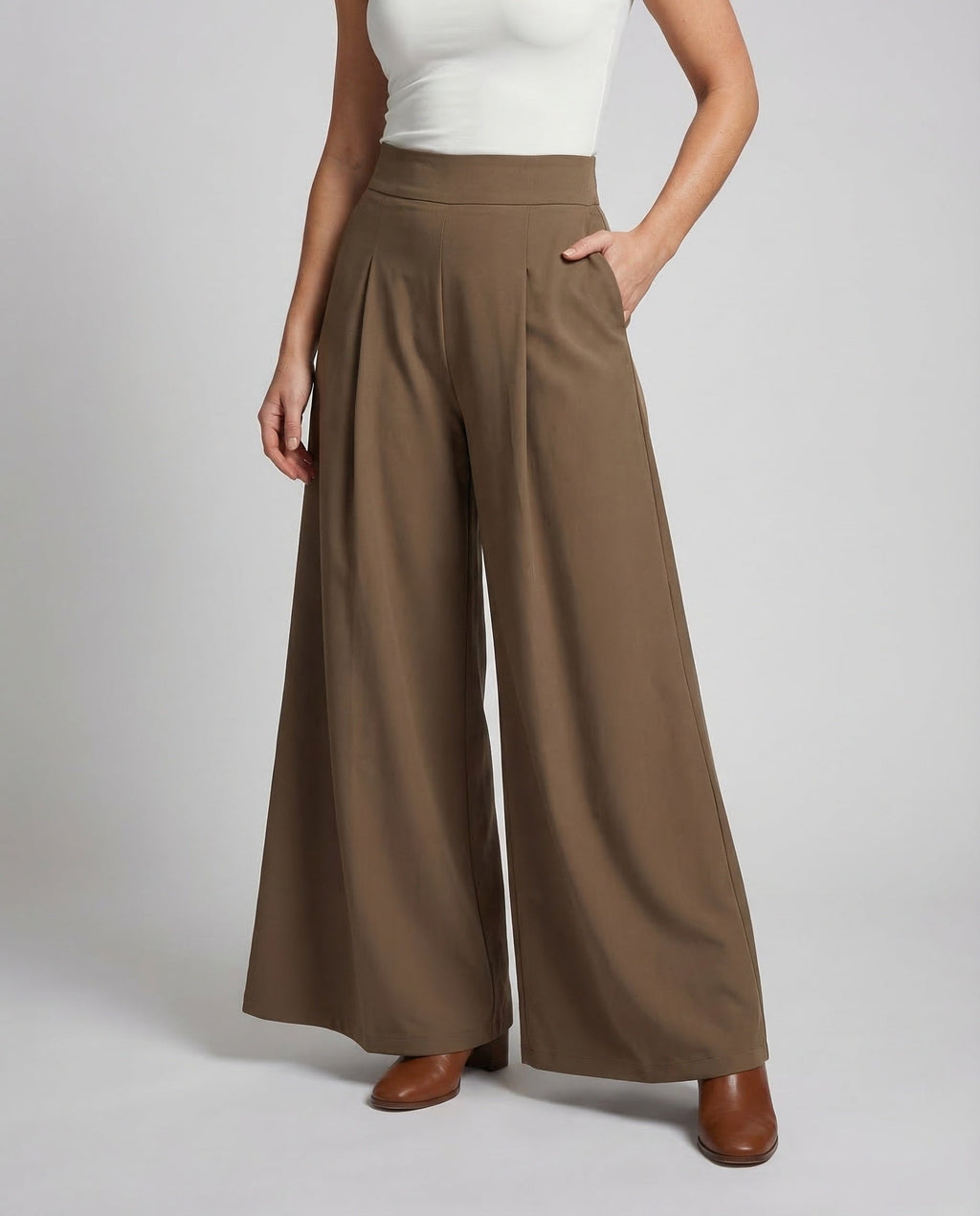 Women's High Waisted Wide Leg Palazzo Trousers with Front Pleats