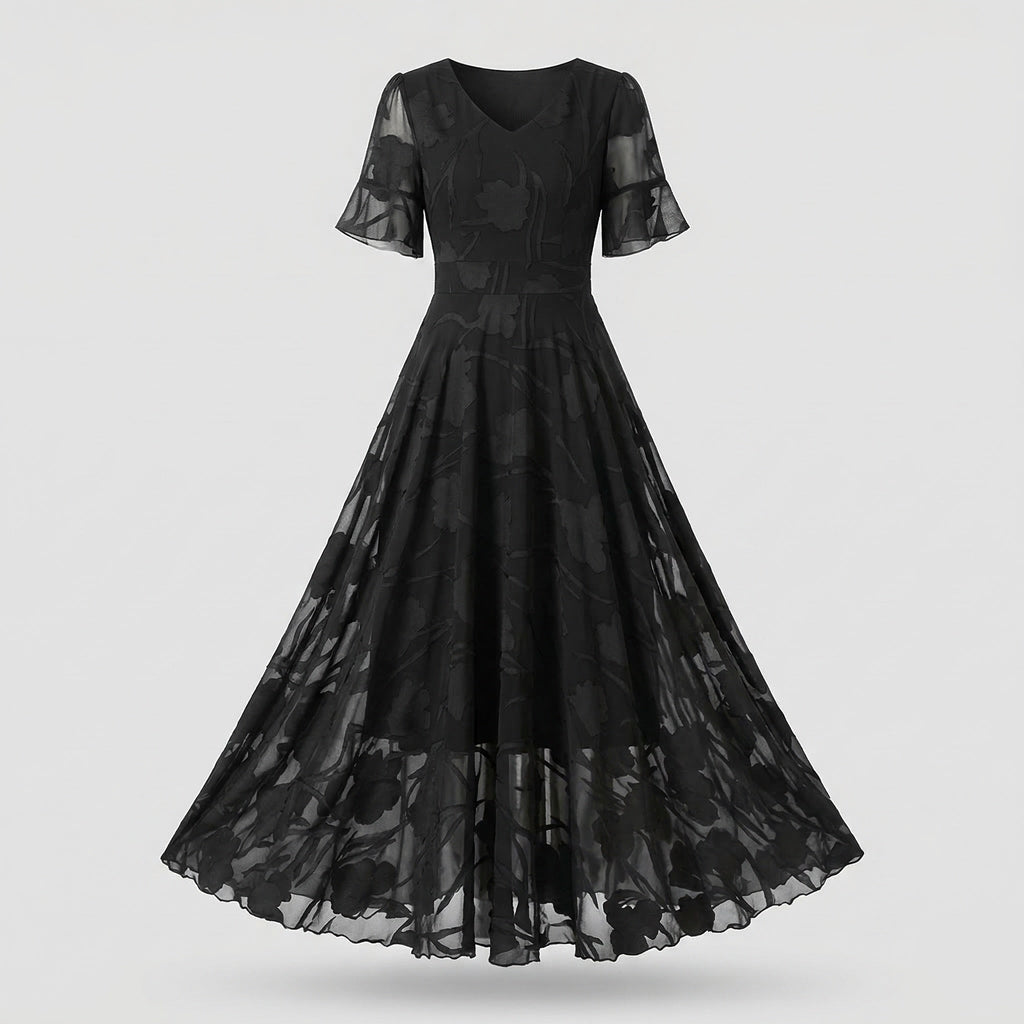 Women's V-Neck Maxi Dress with Sheer Flutter Sleeves and Defined Waist