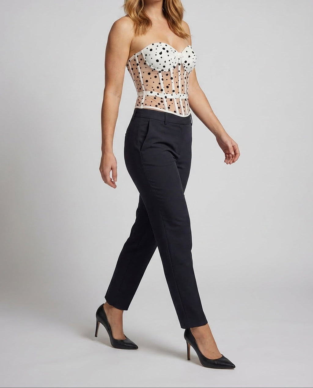 Women's Printed Strapless Bustier Top with Sheer Mesh Panels