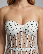 Women's Printed Strapless Bustier Top with Sheer Mesh Panels