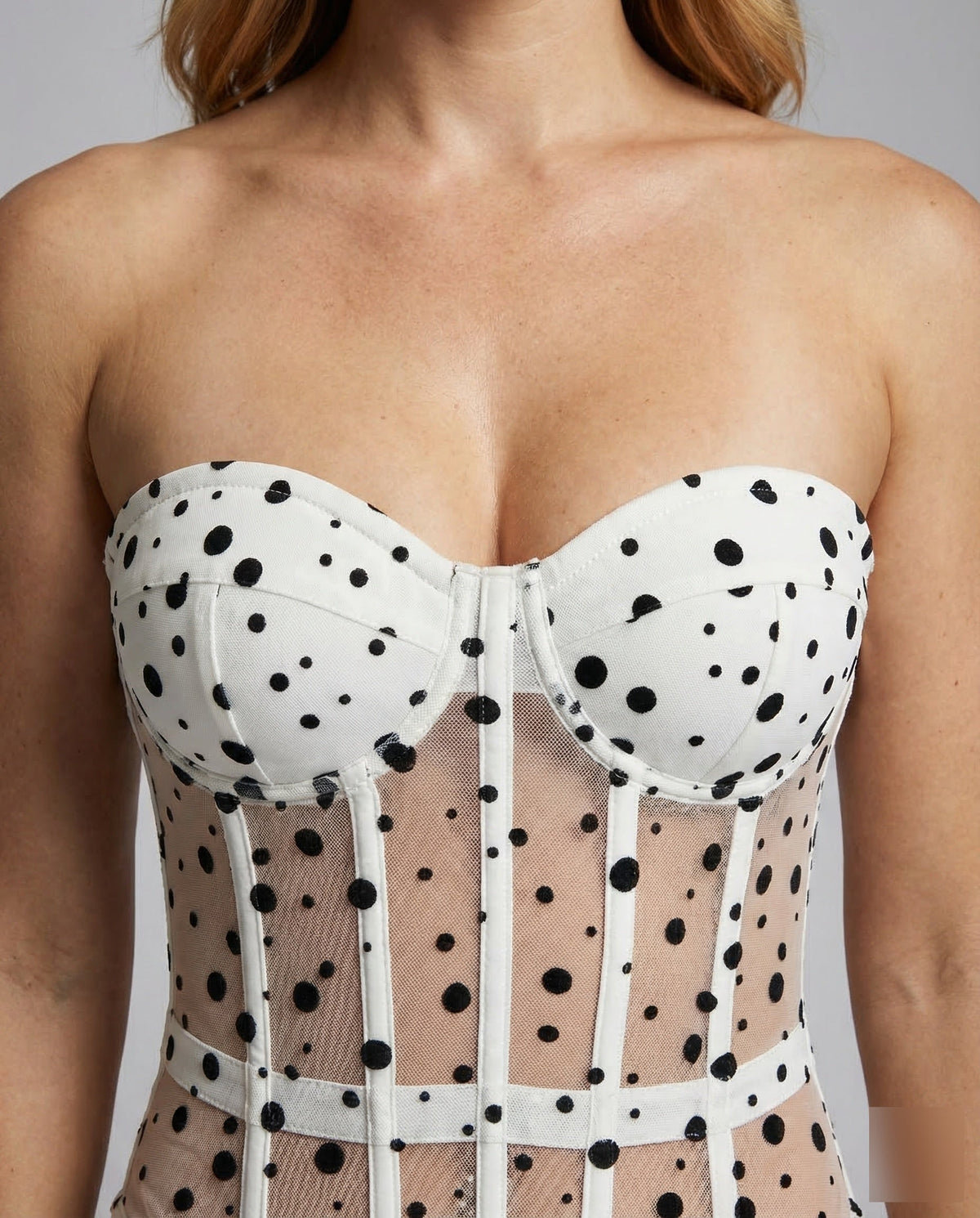 Women's Printed Strapless Bustier Top with Sheer Mesh Panels
