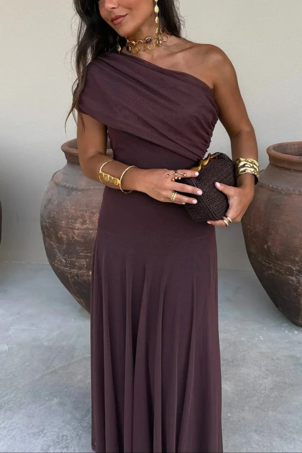 Pleated One-Shoulder Maxi Dress – Elegant Evening Gown | Meave & Ivy