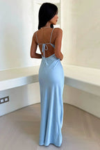 Light Blue Satin Maxi Dress – Elegant Evening Gown | Meave & Ivy