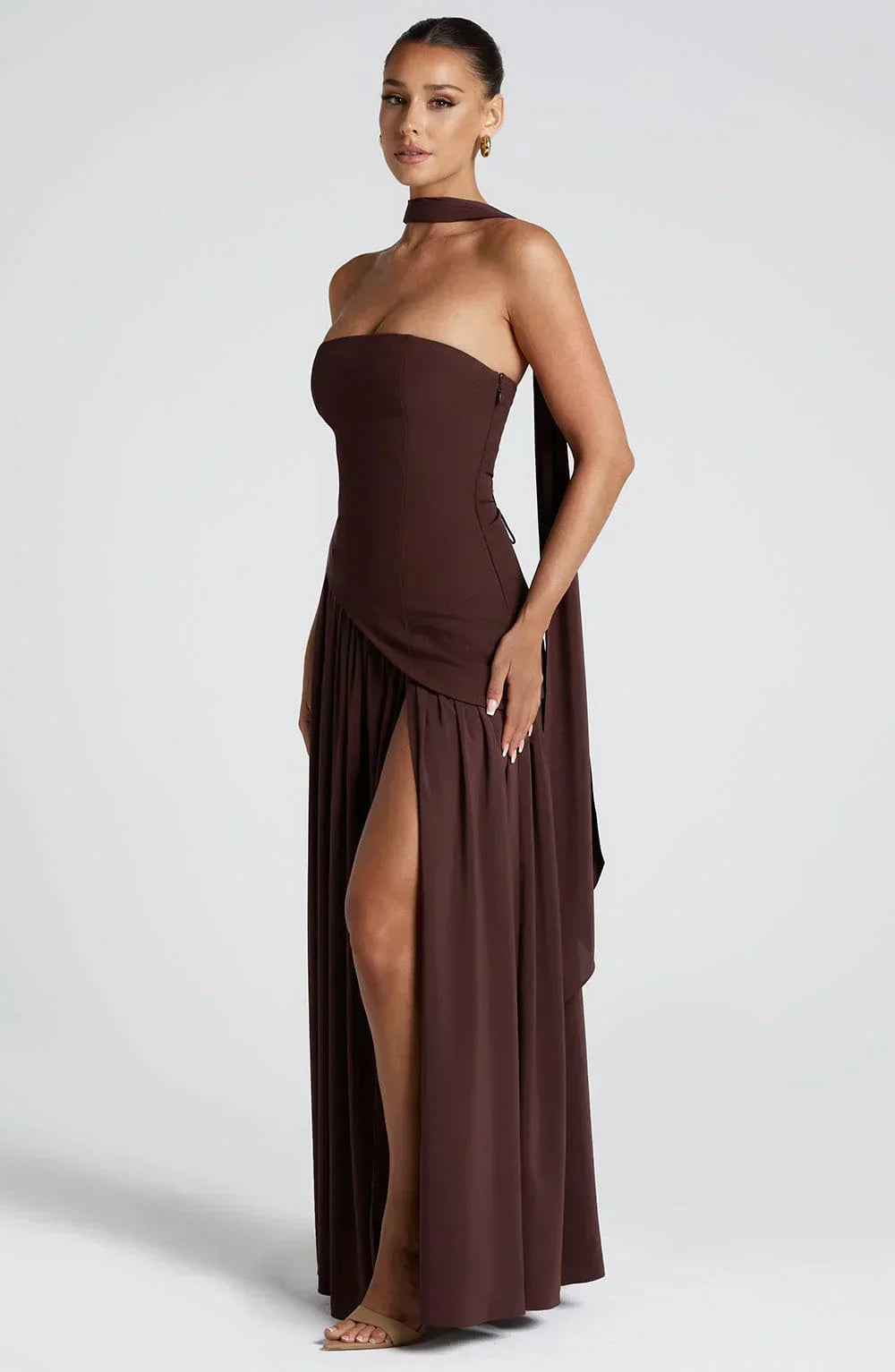 Corset Bustier Maxi Dress – Scarf Detail High-Split Evening Gown | Meave & Ivy
