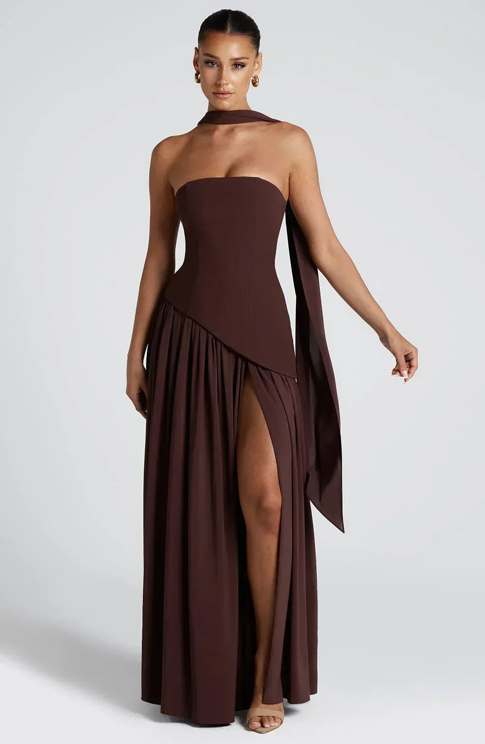 Corset Bustier Maxi Dress – Scarf Detail High-Split Evening Gown | Meave & Ivy