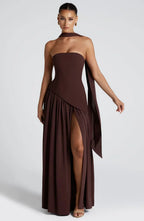 Corset Bustier Maxi Dress – Scarf Detail High-Split Evening Gown | Meave & Ivy