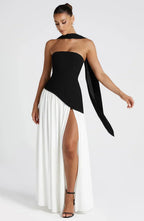Corset Bustier Maxi Dress – Scarf Detail High-Split Evening Gown | Meave & Ivy