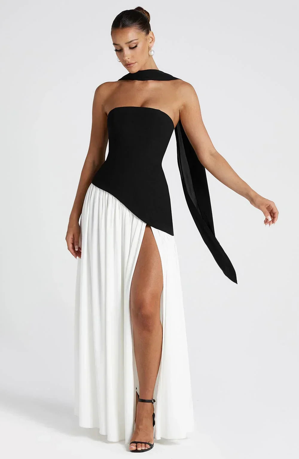 Corset Bustier Maxi Dress – Scarf Detail High-Split Evening Gown | Meave & Ivy