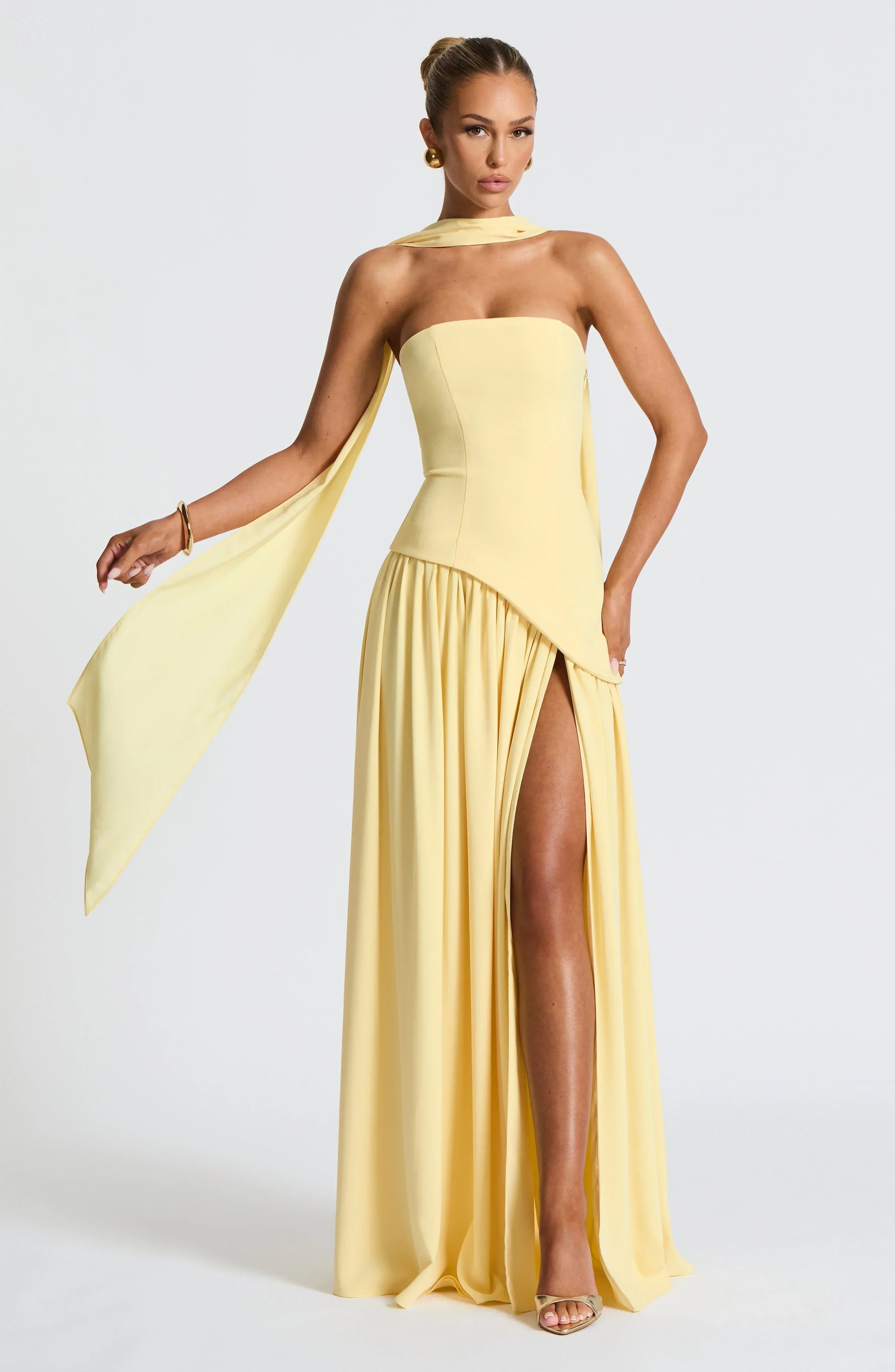 Corset Bustier Maxi Dress – Scarf Detail High-Split Evening Gown | Meave & Ivy