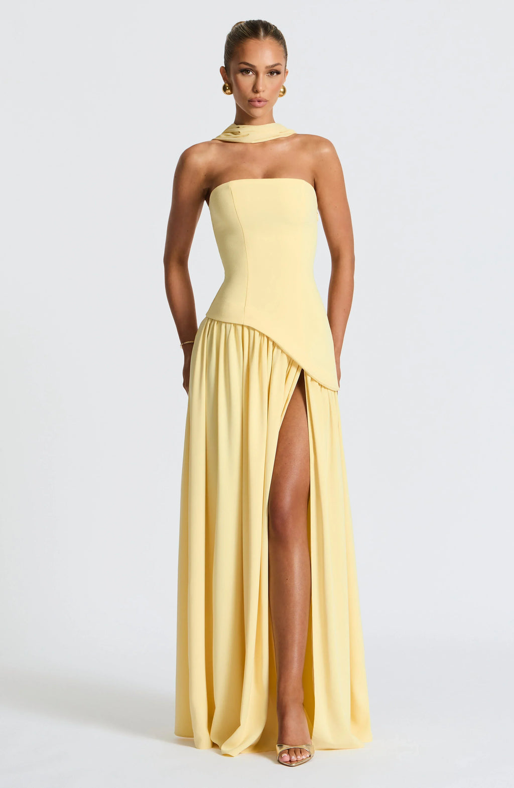 Corset Bustier Maxi Dress – Scarf Detail High-Split Evening Gown | Meave & Ivy