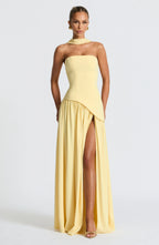 Corset Bustier Maxi Dress – Scarf Detail High-Split Evening Gown | Meave & Ivy