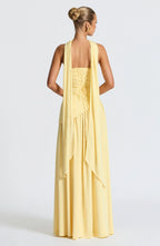 Corset Bustier Maxi Dress – Scarf Detail High-Split Evening Gown | Meave & Ivy