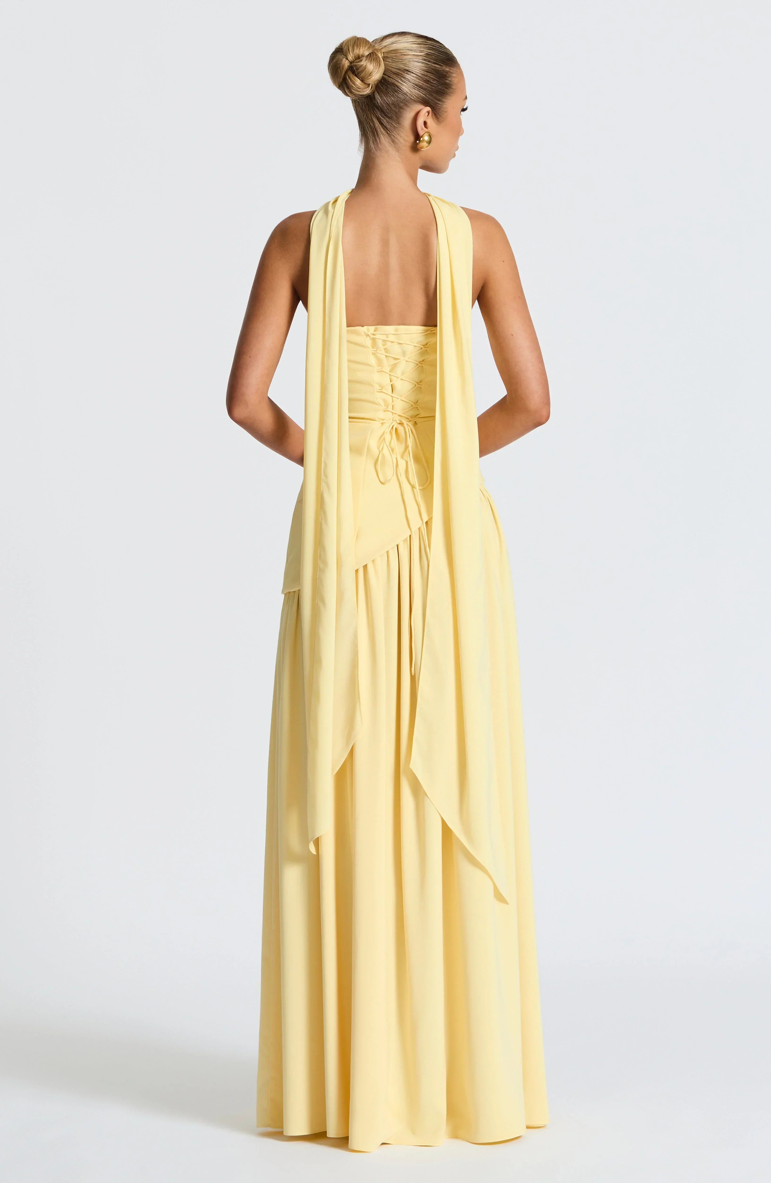 Corset Bustier Maxi Dress – Scarf Detail High-Split Evening Gown | Meave & Ivy